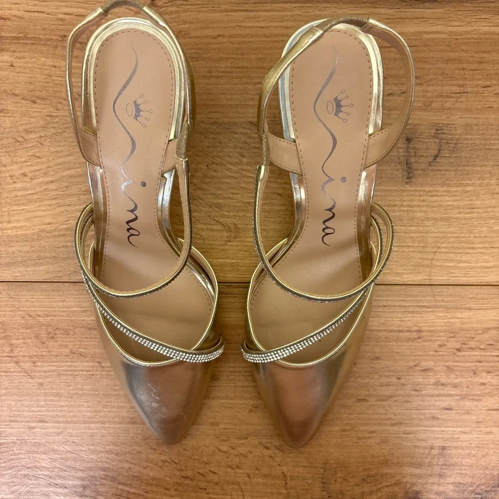 NINA Nela Slingback Pointed Toe Pumps In Platino Gold Women Size 10 Formal Party